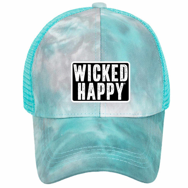 Aqua Tie Dyed Ponytail Adjustable Mesh Trucker Cap - Black West Coast Logo