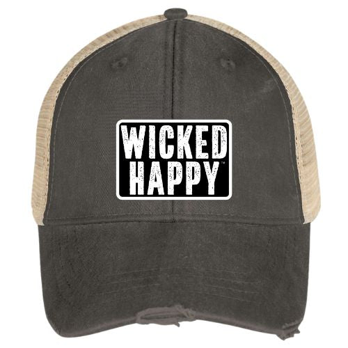 Vintage Distressed Cotton Adjustable Mesh Trucker Cap - Black Front/Khaki Back