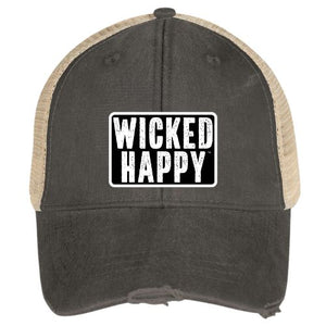 Vintage Distressed Cotton Adjustable Mesh Trucker Cap - Black Front/Khaki Back