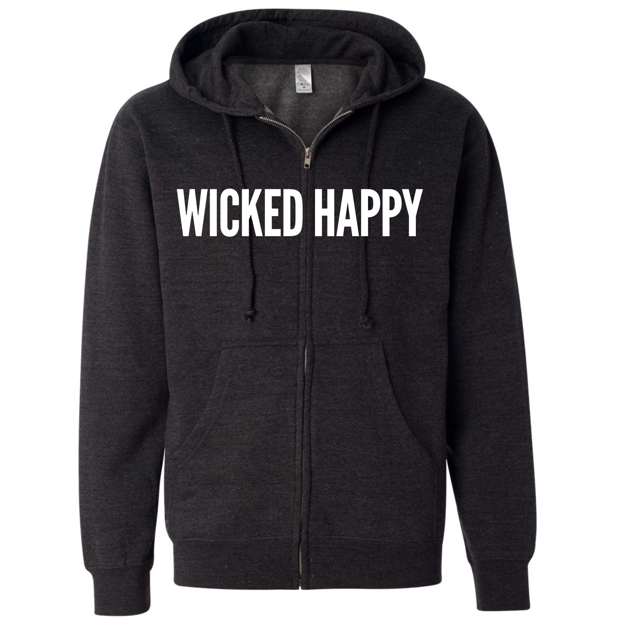 Charcoal Heather Full Zip Hoodie with Sewn on Felt Lettering Wicked Happy