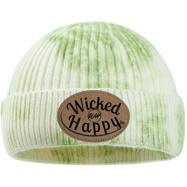 Tie-Dyed Ribbed Beanie/Leather Patch Logo - Green