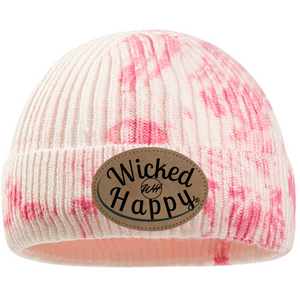 Tie-Dyed Ribbed Beanie/Leather Patch Logo - Pink