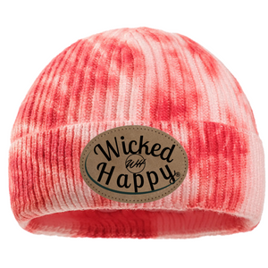 Tie-Dyed Ribbed Beanie/Leather Patch Logo - Red