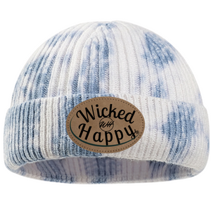 Tie-Dyed Ribbed Beanie/Leather Patch Logo - Blue