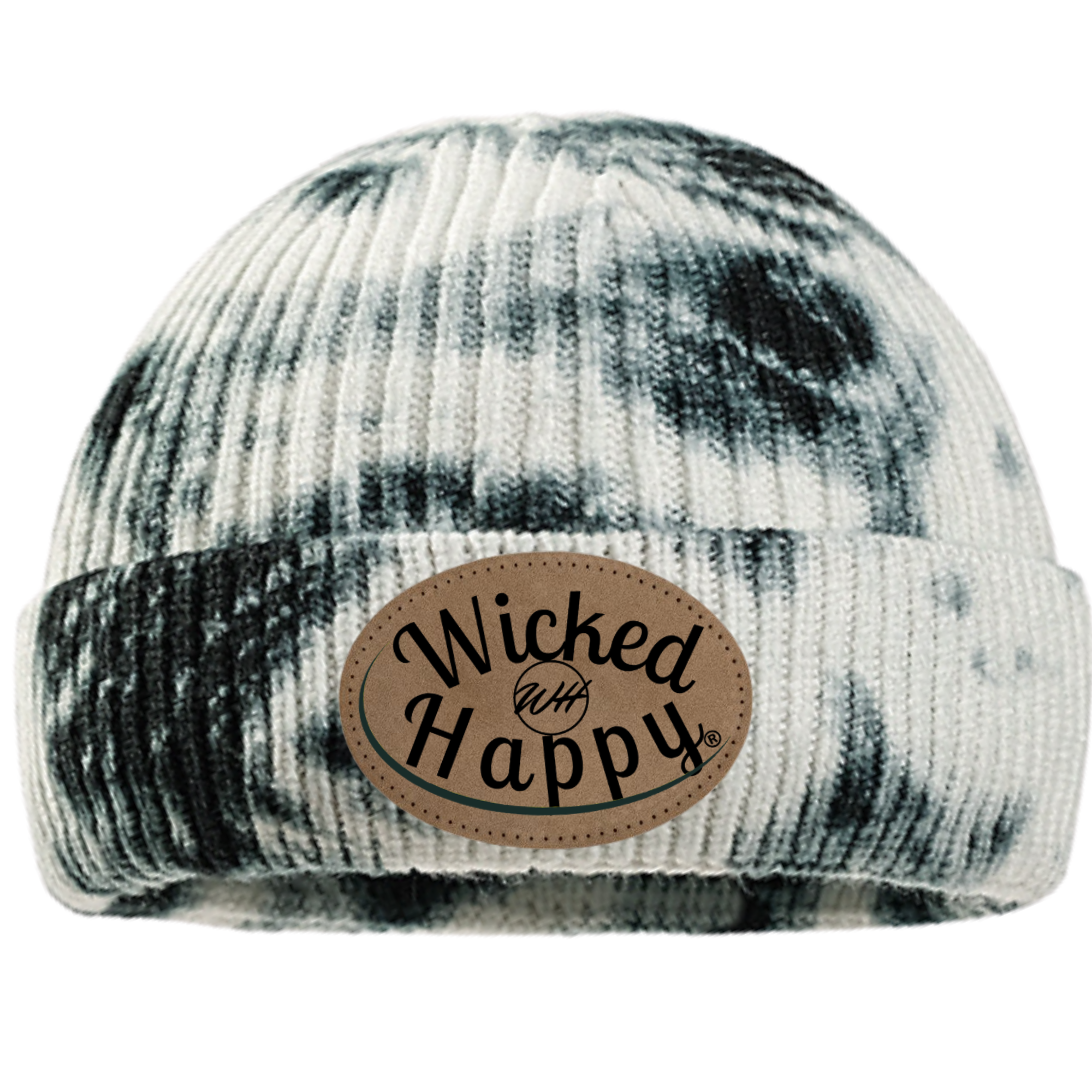 Tie-Dyed Ribbed Beanie/Leather Patch Logo - Black