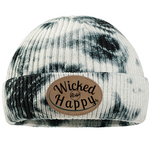 Tie-Dyed Ribbed Beanie/Leather Patch Logo - Black