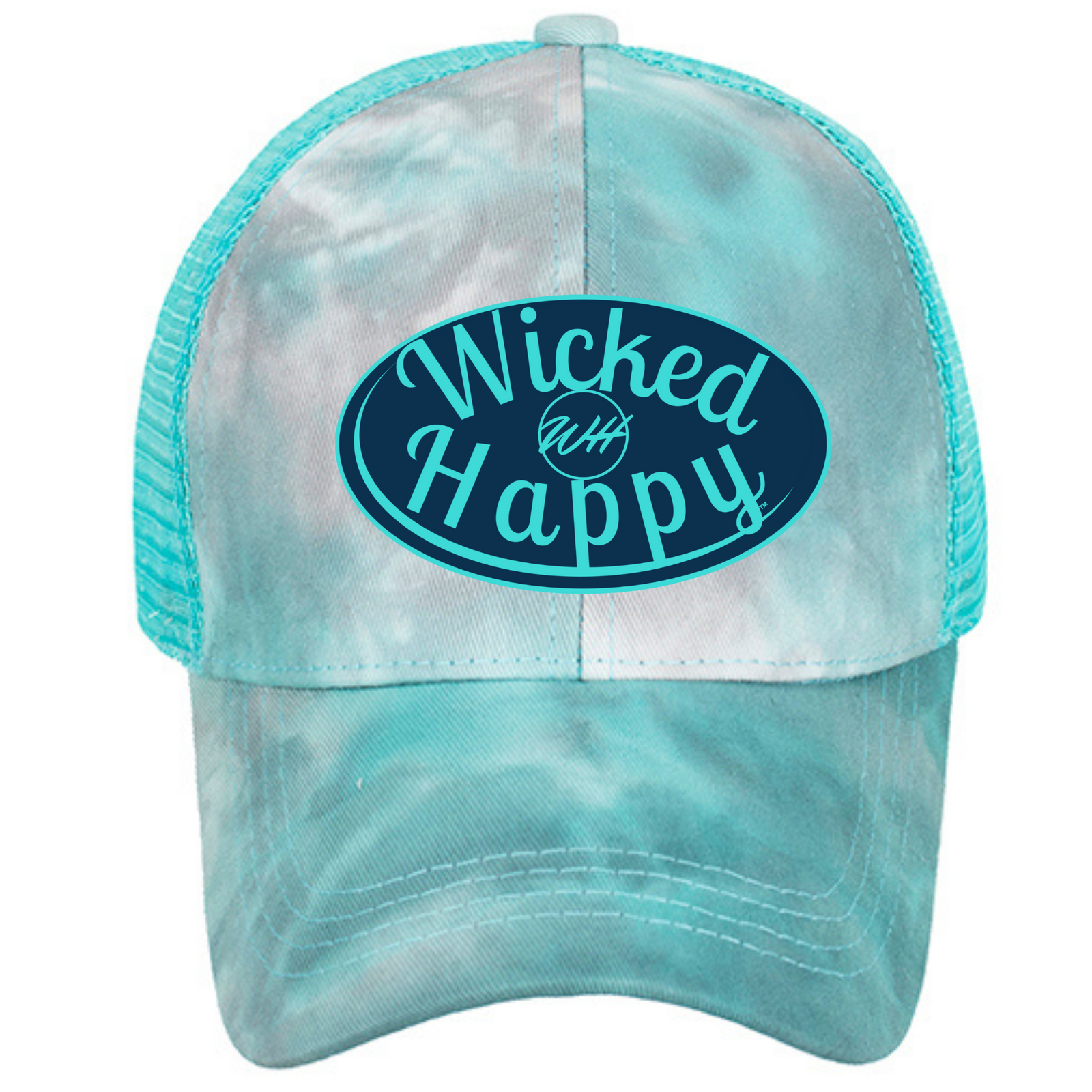 Aqua Tie Dyed Ponytail Adjustable Mesh Trucker Cap - Navy/Aqua Logo