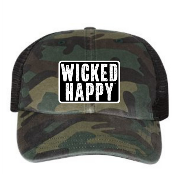 West Coast Garment Washed Trucker Cap - Camo Front / Black Back / Black Logo