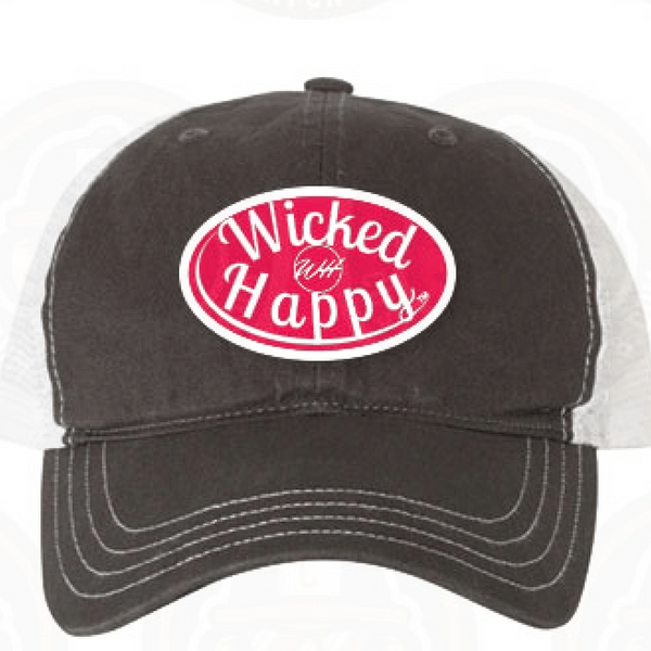 Garment Washed Trucker Cap - Charcoal Front/White Back/Red Logo