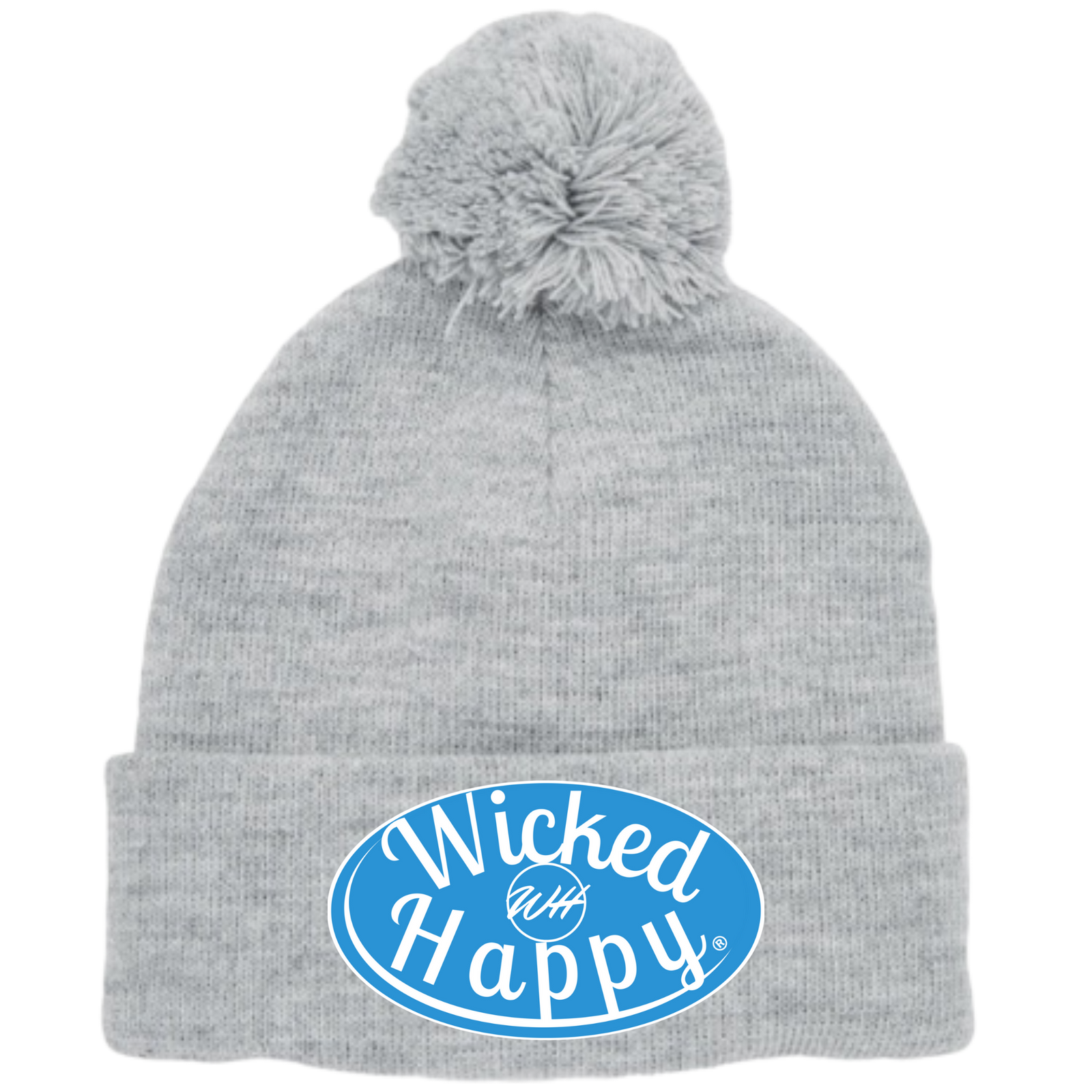 Long Style Pom Pom Beanie Grey - Light Blue Signature Logo