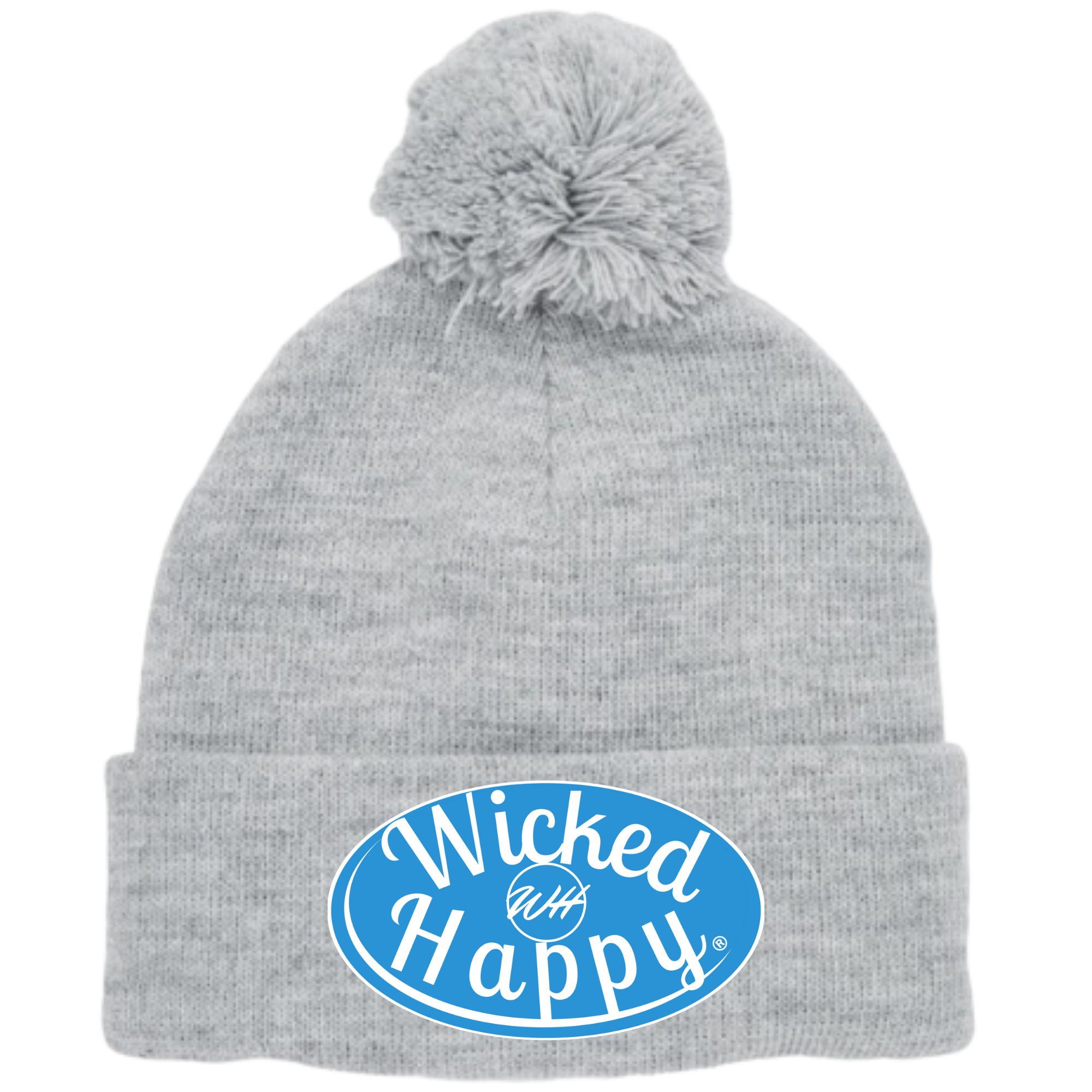 Long Style Pom Pom Beanie Grey - Light Blue Signature Logo