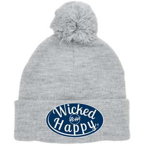 Long Style Pom Pom Beanie Grey - Navy Signature Logo