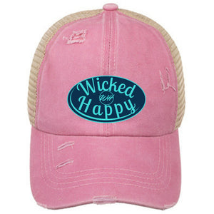 Ponytail Vintage Washed Cotton Adjustable Mesh Trucker Cap - Pink Front/Khaki Back/Navy Logo
