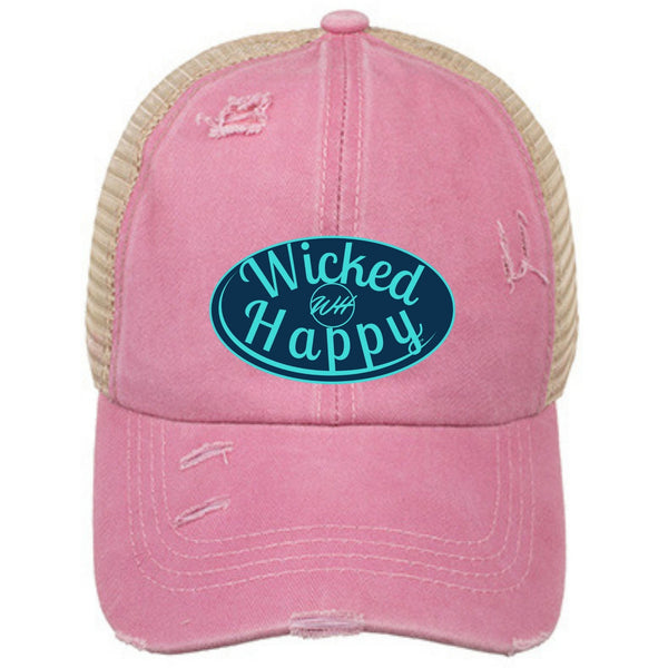 Ponytail Vintage Washed Cotton Adjustable Mesh Trucker Cap - Pink Front/Khaki Back/Navy Logo