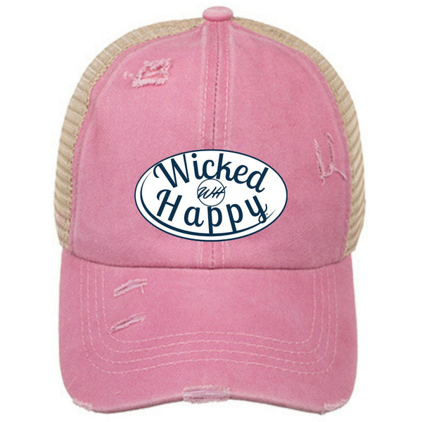 Ponytail Vintage Washed Cotton Adjustable Mesh Trucker Cap - Pink Front/Khaki Back/White Logo
