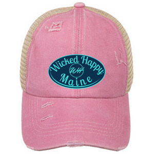 Maine Ponytail Vintage Washed Cotton Adjustable Mesh Trucker Cap - Pink Front/Khaki Back/Navy Logo