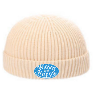 Ribbed Signature Logo Beanie - Cream/Light Blue Logo