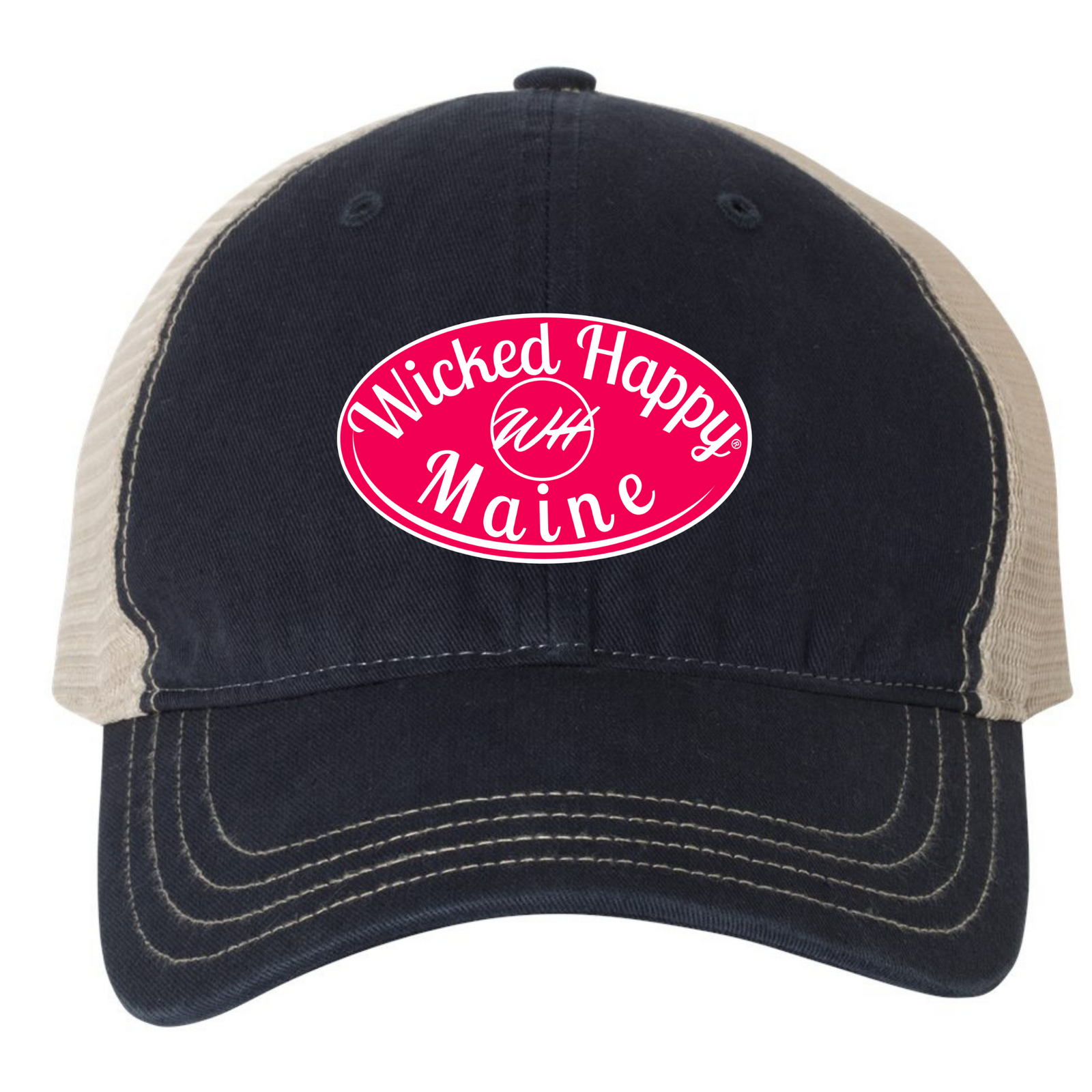 Maine Garment Washed Trucker Cap - Navy Front/Khaki Back/Red Logo